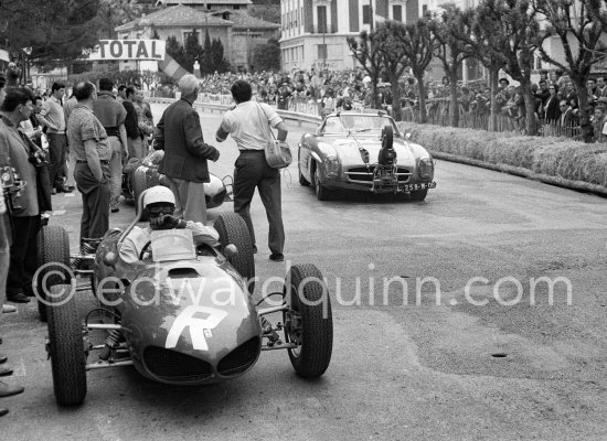 The Mercedes 300 SL Camera car for the 1963 German 70mm documentary Flying Clipper aka Mediterranean Holiday. Phil Hill, Ferrari 156 "Sharknose". Monaco Grand Prix 1962. (see youtube tinyurl.com/ycu8sto4) - Photo by Edward Quinn