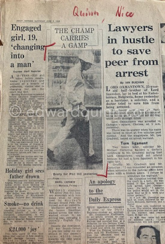 Article with Quinn's photo in Daily Express, June 2 1962. Monaco Grand Prix 1962. - Photo by Edward Quinn