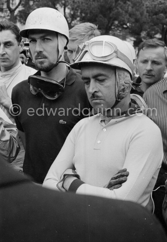 Driver briefing by Louis Chiron. From left: Joakim Bonnier, Maurice Trintignant. Monaco Grand Prix 1962. - Photo by Edward Quinn