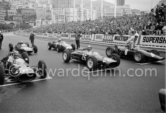 John Surtees, (28) Lola Mk4, Roy Salvadori, (26) Lola Mk4, Richie Ginther, (8) B.R.M. P48/57, Trevor Taylor, (20) Lotus 24, Joakim Bonnier, (2) Porsche F2-718. Monaco Grand Prix 1962. - Photo by Edward Quinn