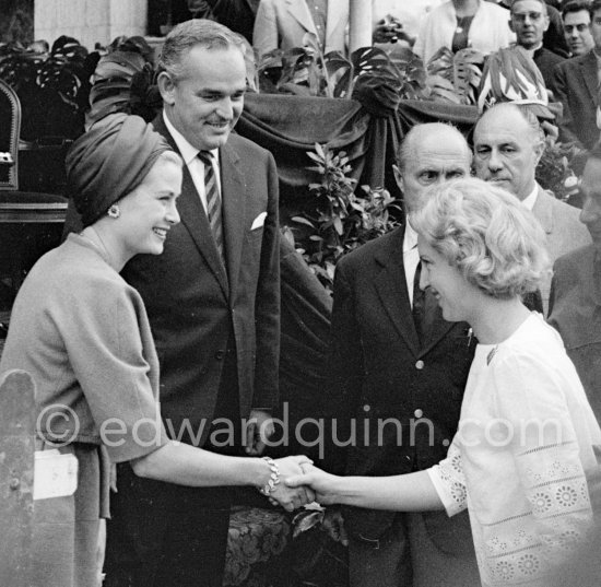Patty McLaren, wife of Bruce McLaren, presented to Prince Rainier and Princess Grace. Monaco Grand Prix 1962. - Photo by Edward Quinn