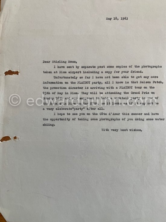 Letter of Edward Quinn to Stirling Moss 1963. - Photo by Edward Quinn