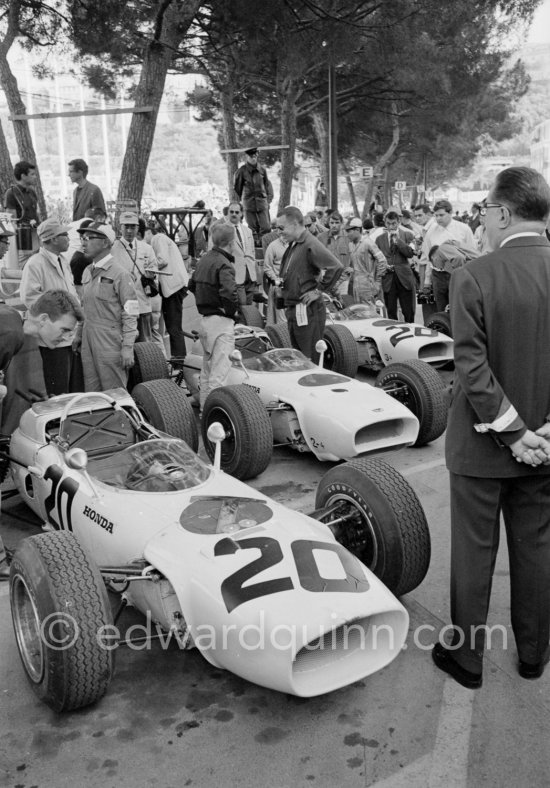 Two (20) Honda RA272 and a car without number. Monaco Grand Prix 1965. - Photo by Edward Quinn