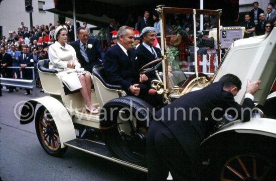 Prince Rainier and Princess Grace of Monaco, Prince Bernhard of the Netherlands, Co-driver Louis Chiron in a 1910 Renault. Monaco Grand Prix 1965. - Photo by Edward Quinn