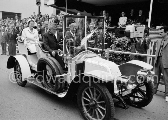 Prince Rainier and Princess Grace of Monaco, Prince Bernhard of the Netherlands, Co-driver Luis Chiron on the parade lap in a 1910 Renault. Monaco Grand Prix 1965. - Photo by Edward Quinn