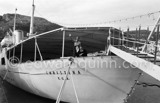 Cary Grant and his wife Betsy Drake on board Onassis\' yacht Christina. Monaco harbor 1957. - Photo by Edward Quinn