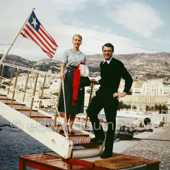 Cary Grant and his wife Betsy Drake on board Onassis\' yacht Christina. Monaco harbor 1957. - Photo by Edward Quinn