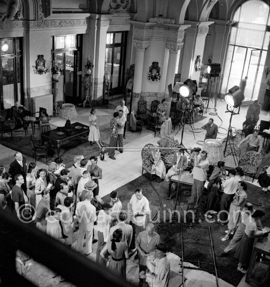 Audrey Hepburn (with white hat) during filming of "Monte Carlo Baby". Hotel de Paris, Monte Carlo 1951. - Photo by Edward Quinn