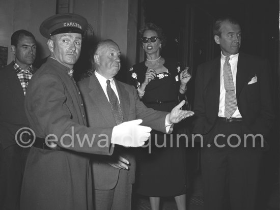 Alfred Hitchcock, James Stewart and his wife outside Carlton Hotel. Cannes 1954. - Photo by Edward Quinn