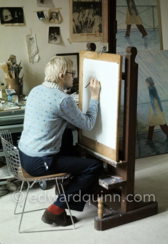 David Hockney drawing "Carlos", Paris 1975. - Photo by Edward Quinn