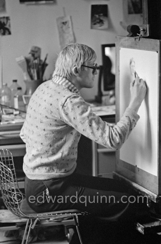 David Hockney drawing "Carlos", Paris 1975. - Photo by Edward Quinn