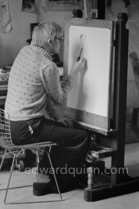 David Hockney drawing "Carlos", Paris 1975. - Photo by Edward Quinn