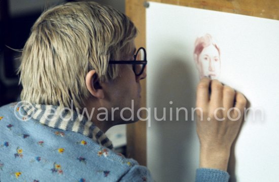 David Hockney drawing "Carlos", Paris 1975. - Photo by Edward Quinn