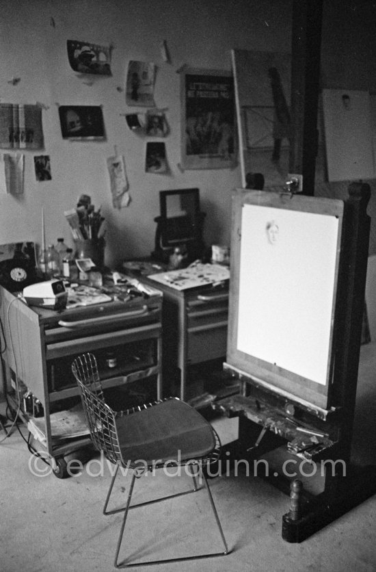 A corner in David Hockney\'s studio in Paris 1975. with drawing - Photo by Edward Quinn