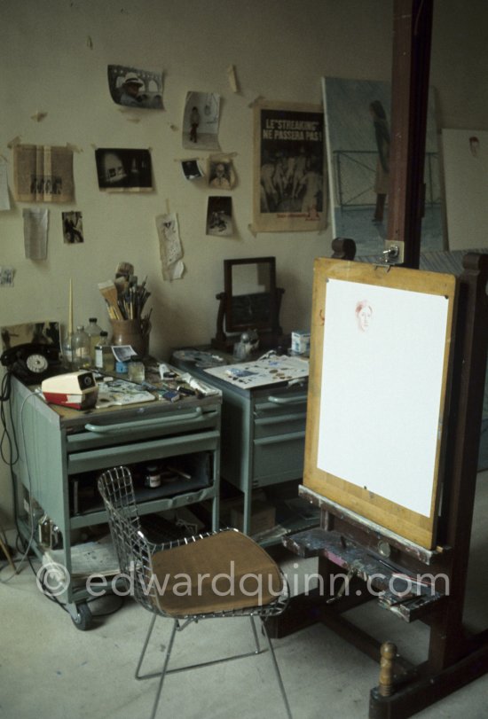 A corner of David Hockney\'s studio in Paris 1975. with drawing "Carlos", Paris 1975. - Photo by Edward Quinn