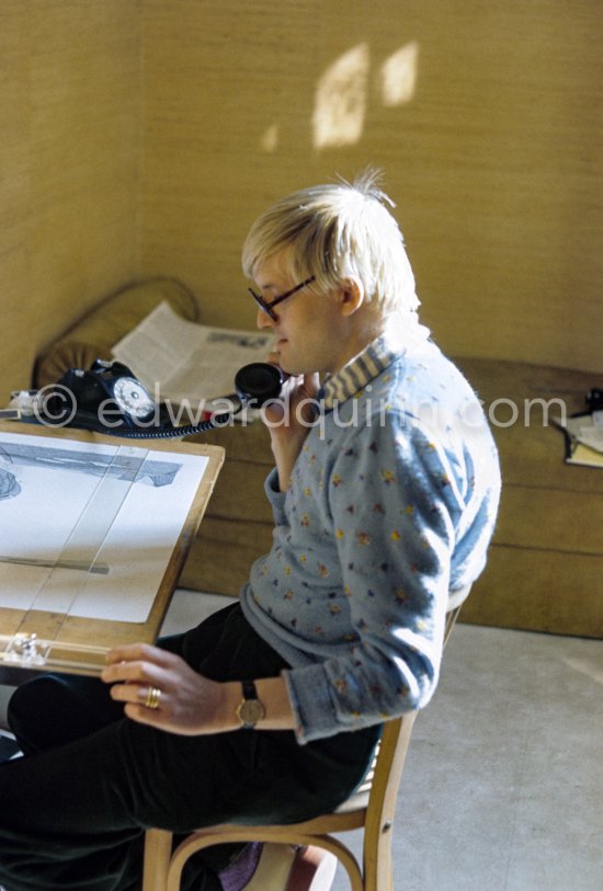 David Hockney working on the set design for "The Rake's Progress" at England’s Glyndebourne Opera Festival Paris 1975. - Photo by Edward Quinn