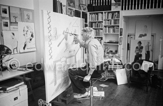 David Hockney working on "Self portrait with blue guitar". London 1977. - Photo by Edward Quinn