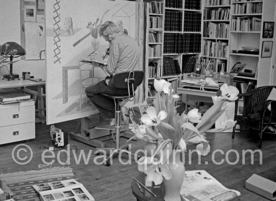 David Hockney working on "Self portrait with blue guitar". London 1977. - Photo by Edward Quinn