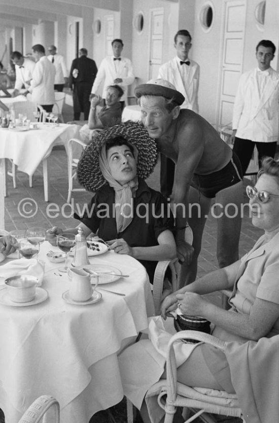 Danny Kaye and his wife, Silvia Fine, who was his composer, lyricist and producer at restaurant La Réserve, Beaulieu-sur-Mer 1955. - Photo by Edward Quinn