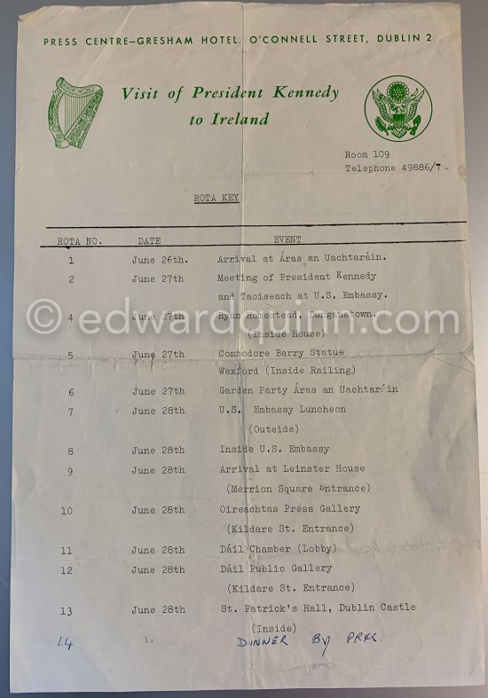 John F. Kennedy, program of official visit. Dublin June 1963. - Photo by Edward Quinn