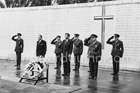 President Kennedy and Taoiseach (Prime Minister of Ireland) Seán Lemass. Visit of Kennedy to Ireland.  At Arbour Hill Memorial he placed a wreath on the graves of the executed leaders of the 1916 Rising, becoming the first foreign head of state to honour them in a formal ceremony. On the left Irish Prime Minister (Taoiseach) Seann Lemass. Dublin 1963. - Photo by Edward Quinn