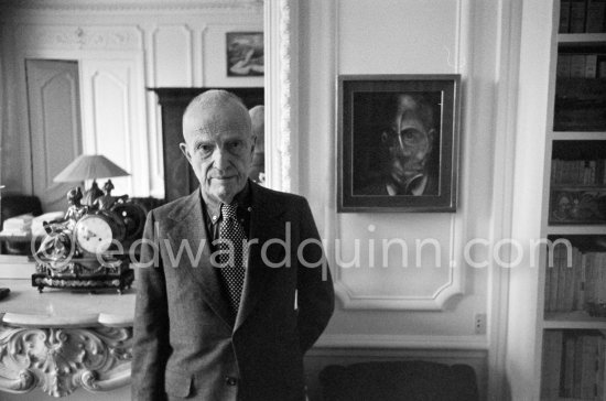 Michel Leiris, French writer, husband of Louise Leiris (Galerie Louise Leiris) stands in front of Francis Bacon's "Portrait of Michel Leiris". Paris 1983. - Photo by Edward Quinn