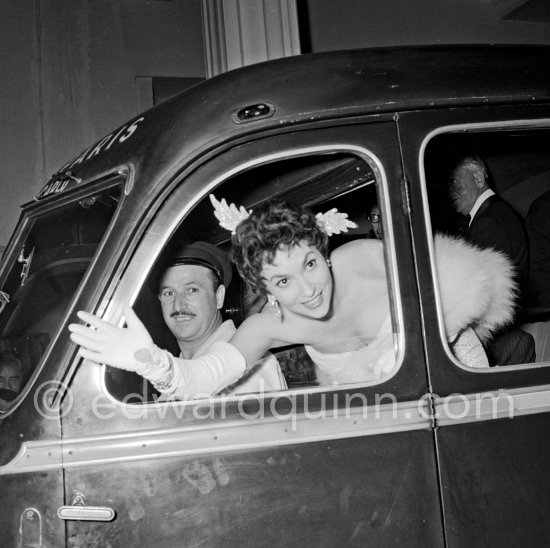 Gina Lollobrigida leaving a gala evening in a Hotel bus. Monte Carlo 1955 - Photo by Edward Quinn