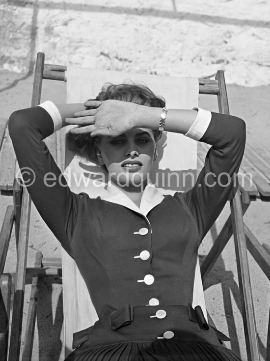 Sophia Loren on the beach at Cannes 1955. - Photo by Edward Quinn