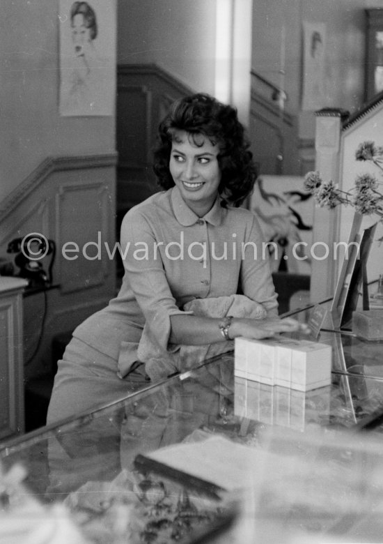 Sophia Loren and Carlo Ponti at the shop of Hotel Negresco, Nice 1957. - Photo by Edward Quinn