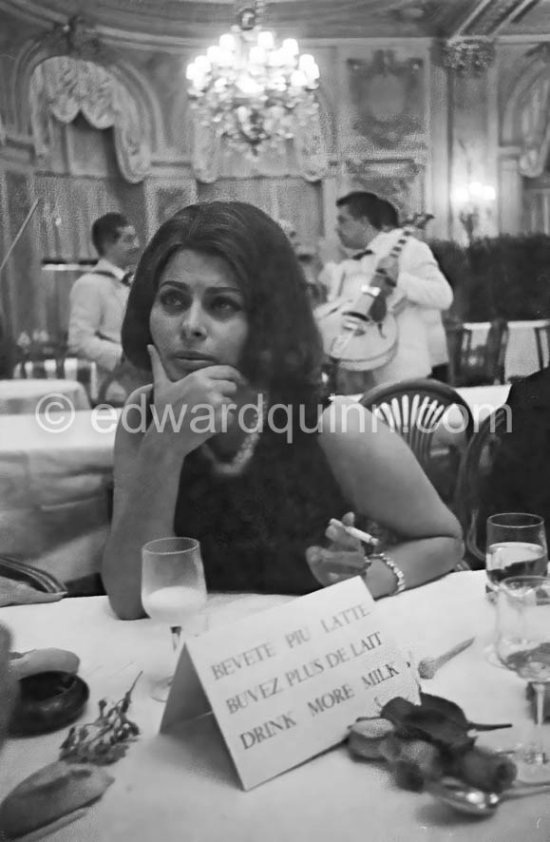Sophia Loren. "Drink More Milk" campaign. Gala evening at Cannes Film Festival 1962. - Photo by Edward Quinn
