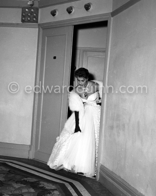 Sophia Loren wearing an evening gown designed by Emilio Schuberth, Cannes Film Festival 27 April 1955. - Photo by Edward Quinn