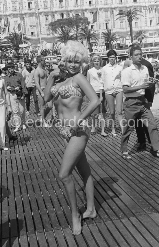 Curvy Jane Mansfield and her hardly recognizable Chihuahua. Cannes 1958. - Photo by Edward Quinn