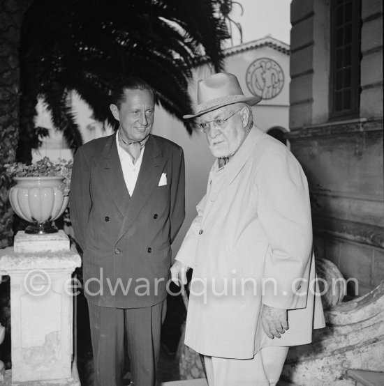 French painter Henri Matisse and Carleton Smith (left) music editor of Esquire and European correspondent for the New York Herald Tribune in front of the Foyer Lacordaire beside the Matisse chapel. Vence 1953. (today 466 Av. Henri Matisse) - Photo by Edward Quinn