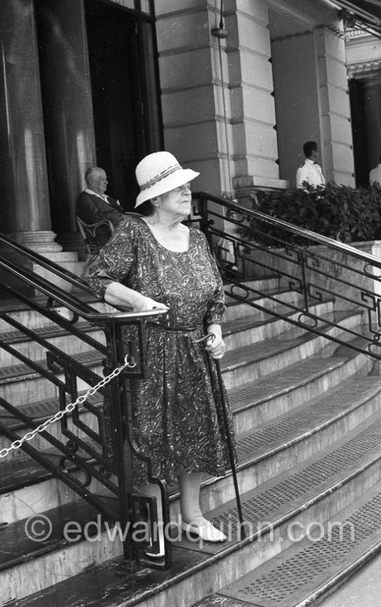 Gossip columnist Elsa Maxwell in front of Hotel de Paris, Monte Carlo about 1961. - Photo by Edward Quinn