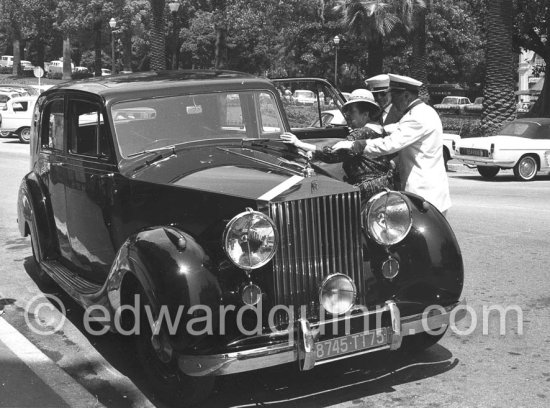 Gossip columnist Elsa Maxwell in front of Hotel de Paris, Monte Carlo about 1961. Car: Rolls-Royce Silver Wraith Touring Limousine by Park Ward. - Photo by Edward Quinn