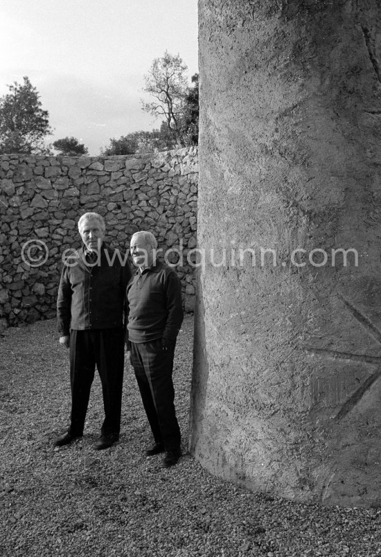 Joan Miró and Aimé Maeght in the gardens of Musée Maeght. Saint-Paul-de-Vence 1964. - Photo by Edward Quinn