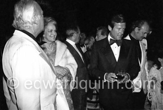Begum, Curd Jürgens and Roger Moore. Wedding Party of Curd Jürgens and Margie, La Vieille Bastide, Saint-Paul-de-Vence 1978 - Photo by Edward Quinn