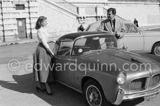 Magali Noël, French actress and singer, and Roberto Risso, actor, fiancé of Magali Noël. Nice 1957. Car: Fiat Nuova 1100/103 TV Trasformabile, standard version bodied by Reparto Carrozzerie Speciali Fiat Lingotto - Photo by Edward Quinn