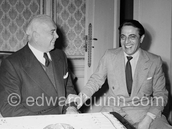 Aristotle Onassis and Spyros Skouras, president of the 20th Century Fox and Hotel Negresco, Nice 1953. First photos Edward Quinn took of Onassis. - Photo by Edward Quinn