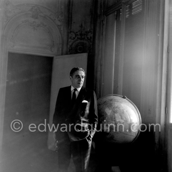 Aristotle Onassis at his office at Olympic Maritime in Monte Carlo. Onassis became the most important shareholder of the Casino. He declared: "I am ready, I am going to save the Principality." Monte Carlo 1955. - Photo by Edward Quinn