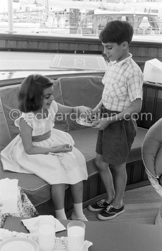 Aristotle Onassis and Tina Onassis\' children Alexander and Christina on board Onassis\' yacht Christina. Monaco harbor 1957. - Photo by Edward Quinn