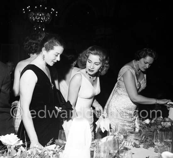 Tina Onassis (middle), Begum Aga Khan (right) and Bettina, famous cover girl. She was Aly Khan\'s flirt and later became his fiancée. New Year\'s Eve Gala, Monte Carlo 1956. - Photo by Edward Quinn