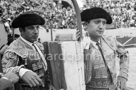 From right: Julio Aparicio and Antonio Ordóñez. Arles 1960. A bullfight Picasso attended (see "Picasso"). - Photo by Edward Quinn