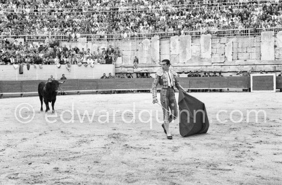 Antonio Ordóñez, a leading bullfighter in the 1950\'s and the last survivor of the dueling matadors chronicled by Hemingway in \'\'The Dangerous Summer\'\'. Corrida des vendanges, Arles 1960 - Photo by Edward Quinn