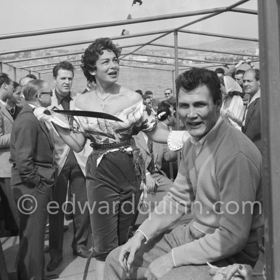 Jack Palance and Lise Bourdin. Cannes 1954. - Photo by Edward Quinn