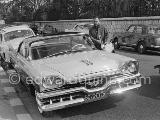 French actor Raymond Pellegrin during filming of "Sérénade au Texas". Hotel Negresco, Nice 1957 or 1958. Car: Dodge Custom Royal 1957. - Photo by Edward Quinn
