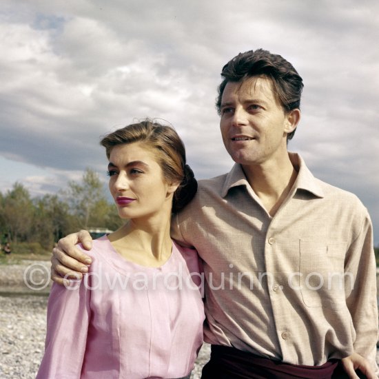 Gérard Philipe as Modigliani and Anouk Aimée as Jeanne Hebuterne in "Montparnasse 19". A film by Jacques Becker. A scene being filmed on the beach. Cagnes-sur-Mer 1957. - Photo by Edward Quinn