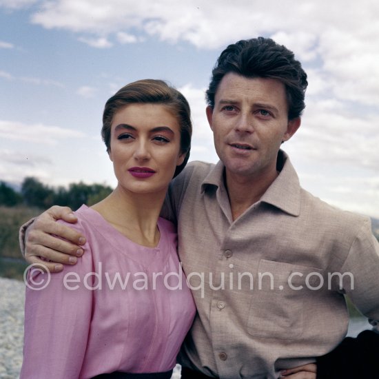 Gérard Philipe as Modigliani and Anouk Aimée as Jeanne Hebuterne in "Montparnasse 19". A film by Jacques Becker. A scene being filmed on the beach. Cagnes-sur-Mer 1957. - Photo by Edward Quinn