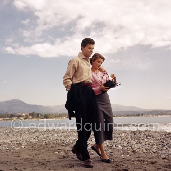 Gérard Philipe as Modigliani and Anouk Aimée as Jeanne Hebuterne in "Montparnasse 19". A film by Jacques Becker. A scene being filmed on the beach. Cagnes-sur-Mer 1957. - Photo by Edward Quinn