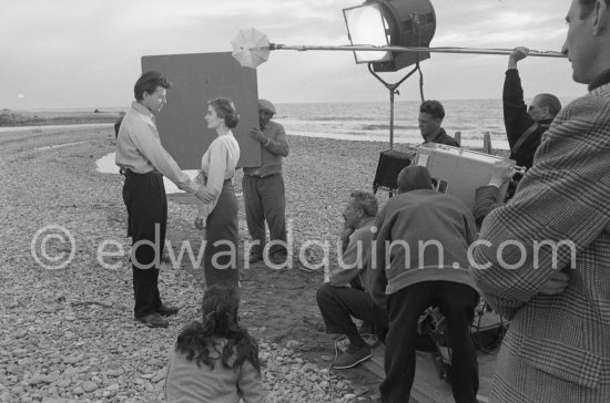 Gérard Philipe as Modigliani and Anouk Aimée as Jeanne Hebuterne in "Montparnasse 19". A film by Jacques Becker. A scene being filmed on the beach. Cagnes-sur-Mer 1957. - Photo by Edward Quinn